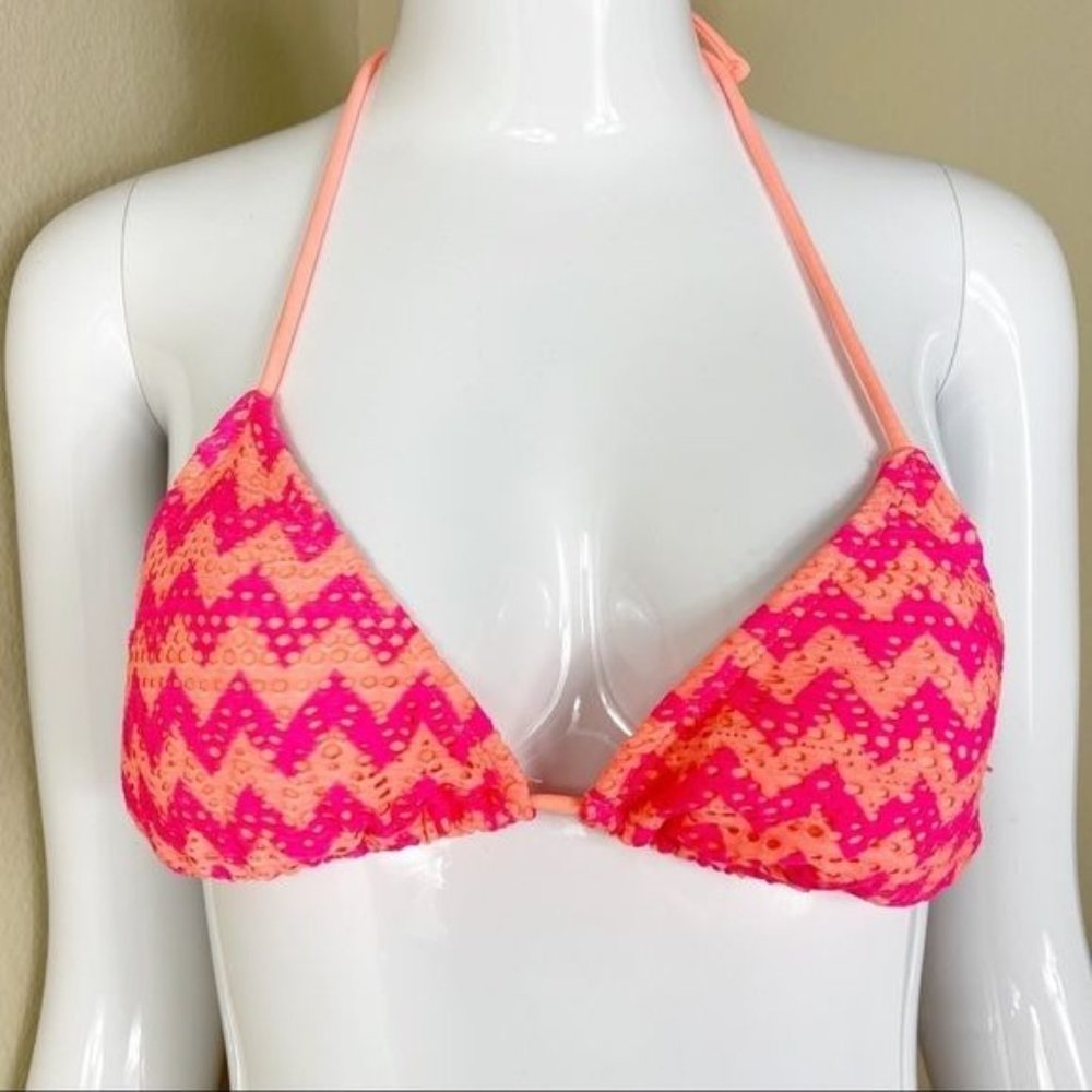 Ocean Pacific Pink Orange Crochet Chevron Stripe Bikini Top Juniors Size Medium